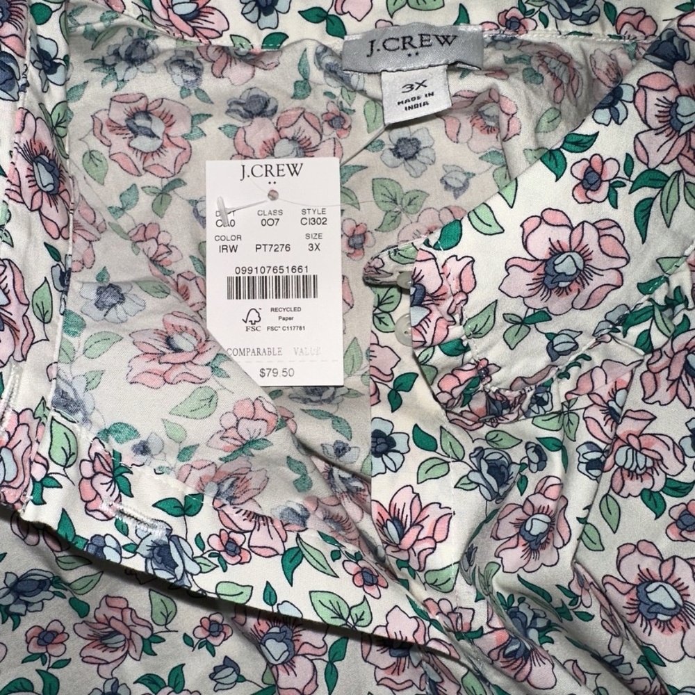 J Crew Factory Printed puff-sleeve ruffle-collar top Ivroy Rose Water 3X Plus - Picture 5 of 9